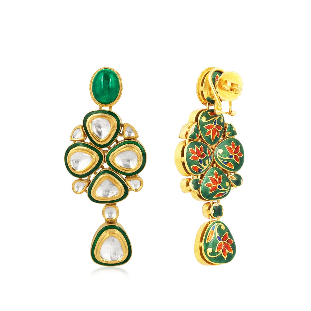 Emerald Cabochon Earrings with Polki and Green Meena Borders